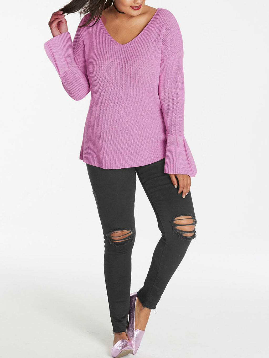 Ladies V-Neck Long Sleeve Trumpet Cuff Jumper