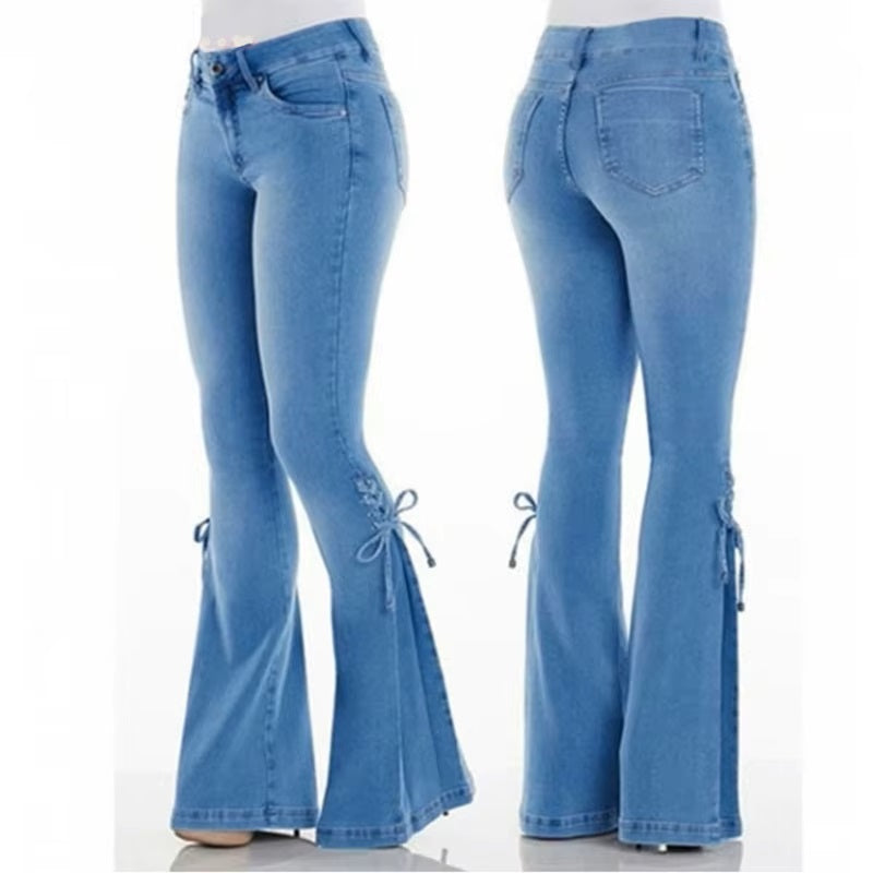 Ladies High Waist Stretchy Flare Hem Side Tie Jeans