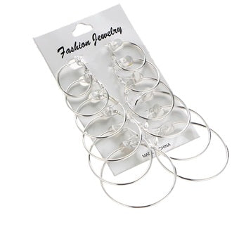 Ladies Girls Silver Round Smooth 6 Piece Hoop Earring Set