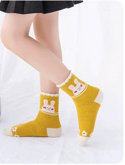 Girls Pink Multi Cherry Bunny Print No Seam Cuffs Pack of 5 Ankle Socks