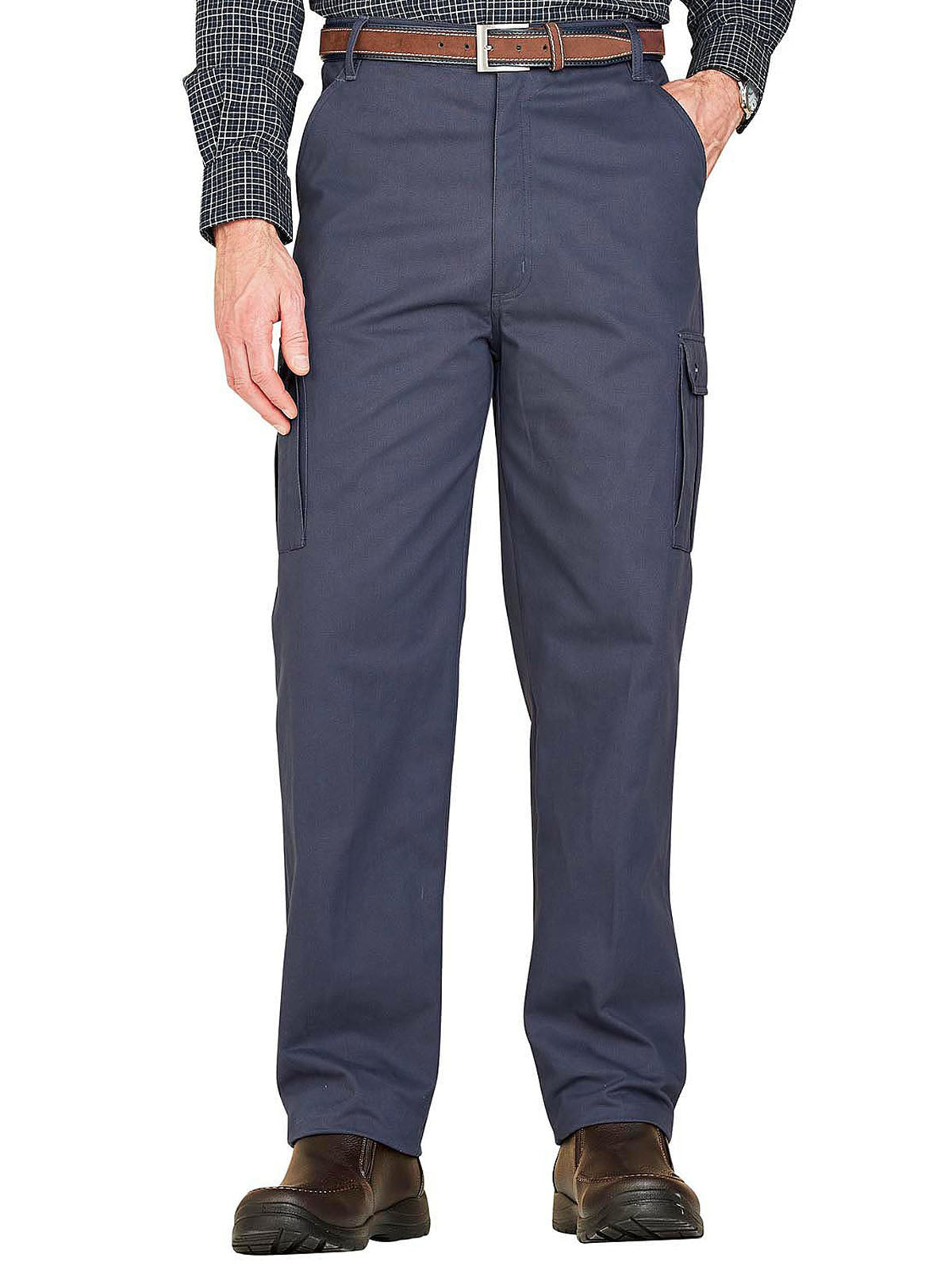 Mens Navy Combat Cargo Pure Cotton Side Elasticated Waist Trousers