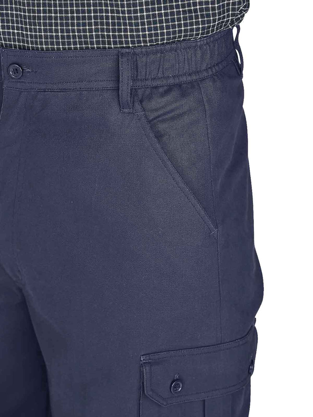 Mens Navy Combat Cargo Pure Cotton Side Elasticated Waist Trousers