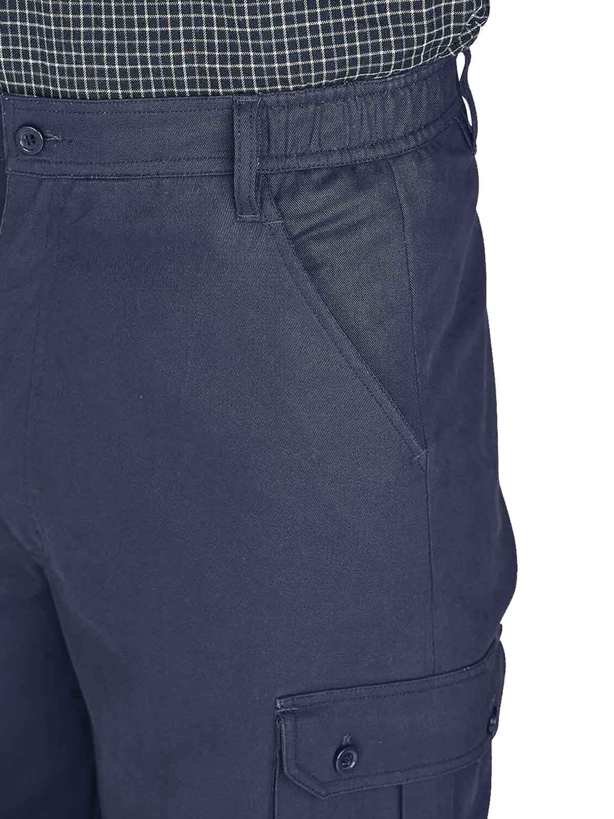 Mens Navy Combat Cargo Pure Cotton Side Elasticated Waist Trousers
