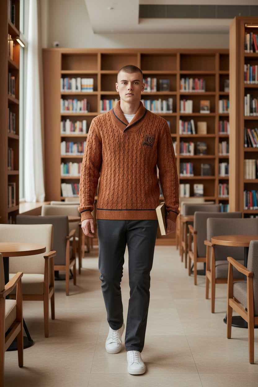 Mens Burnt Orange Black Trim Ribbed Shawl Collar Cable Knit Longsleeve Jumper