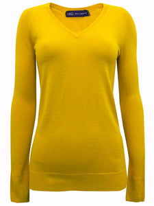 Ladies Mustard Ribbed V-Neck Soft Knit Long Sleeve Jumper