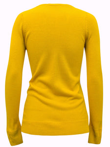 Ladies Mustard Ribbed V-Neck Soft Knit Long Sleeve Jumper