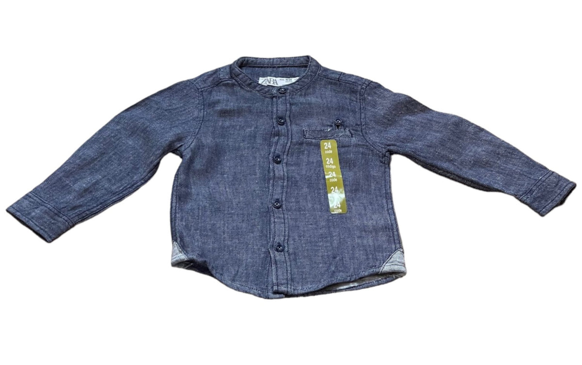 Boys Toddlers Navy Cotton Stand Collar Button Long Sleeve Shirts