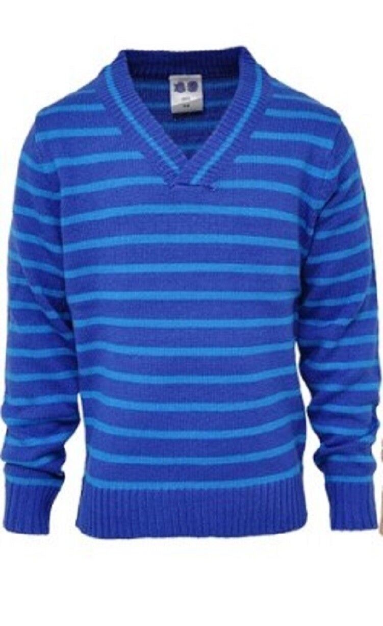 Boys Navy Multi Contrast Stripe X-Over V-Neck Long sleeve Jumpers