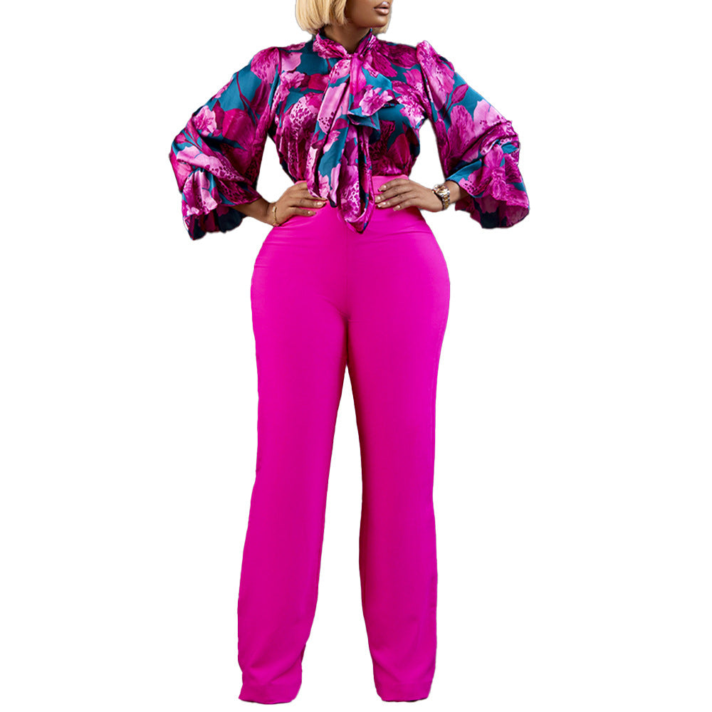 Ladies Elegant Fuchsia Pink Multi Printed Blouse & Trouser Set