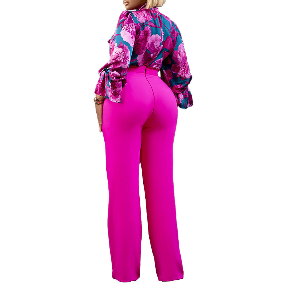 Ladies Elegant Fuchsia Pink Multi Printed Blouse & Trouser Set