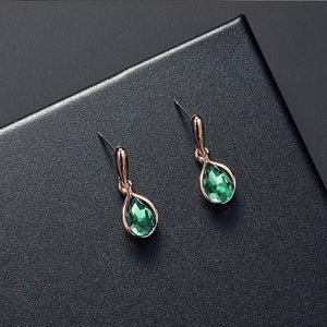 Ladies Gold Water Drop Green Rhinestone Earrings Pendant Chain Necklace Set