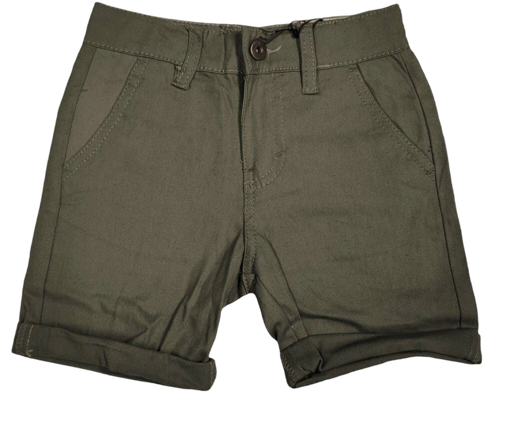 Boys Olive Green Adjustable Waist Skinny Fit Turn Up Hem Shorts