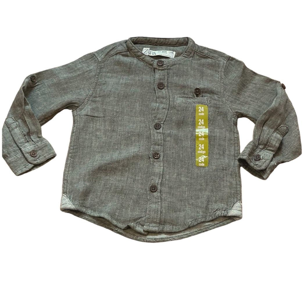Boys Toddlers Khaki Cotton Stand Collar Button Long Sleeve Shirts