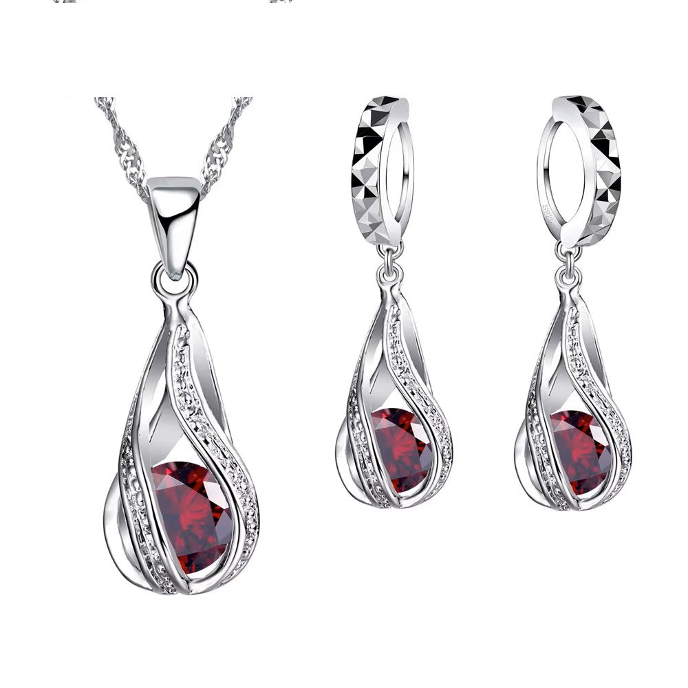 Silver Twirl Ball Water Drop Crystal Earrings & Necklace Set
