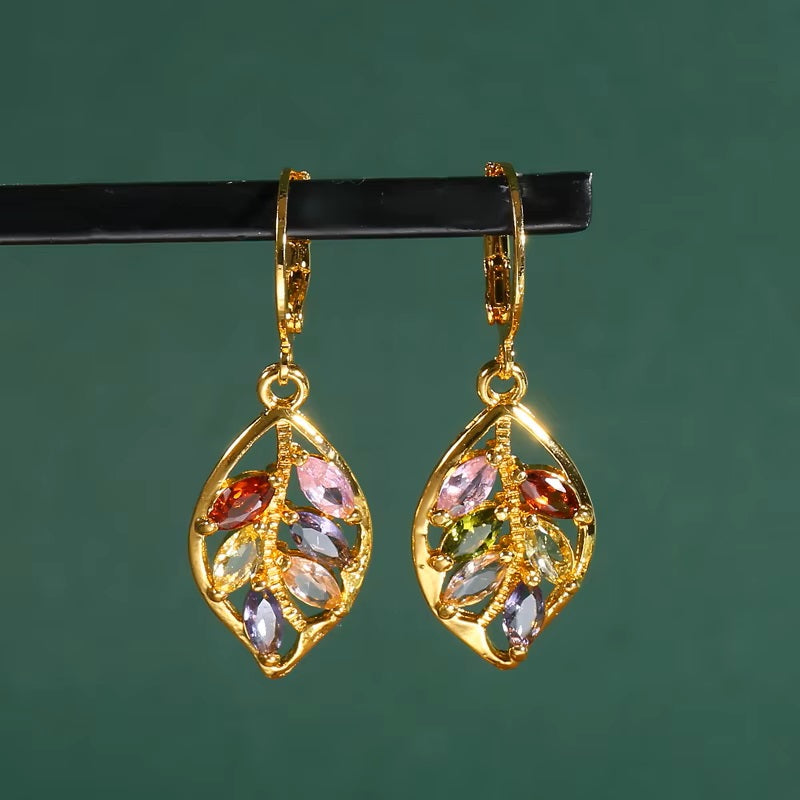 Ladies Golden Leaf Inlaid Colored Crystals Dangling Earrings