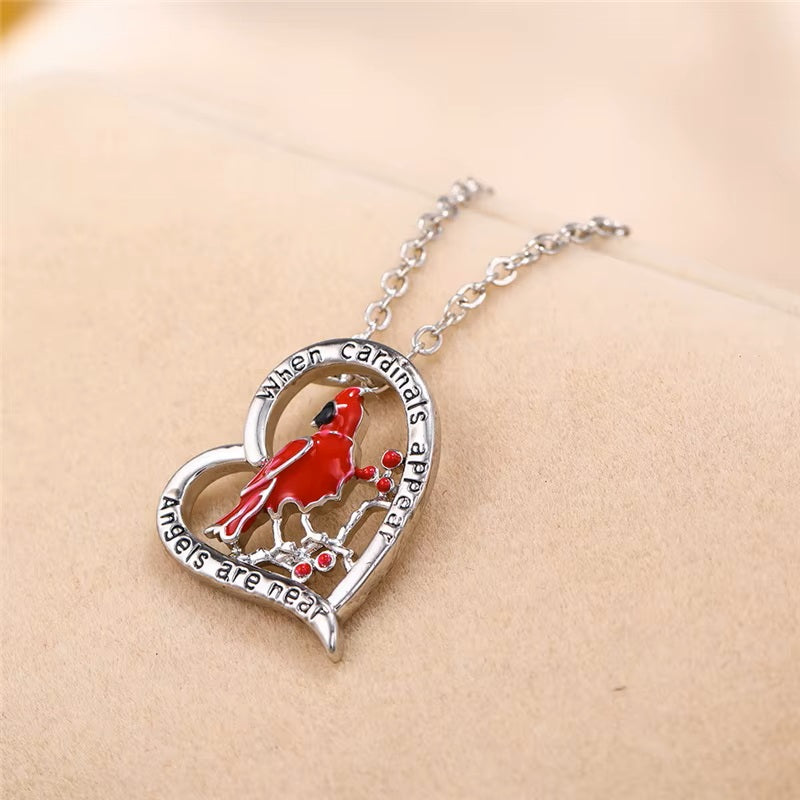 Silver necklaces with Cardinal Red Bird Heart Pendant