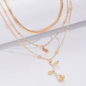 Ladies Triple Layer Gold Plated Half Moon Rose Flower Pendants Link Necklace Set