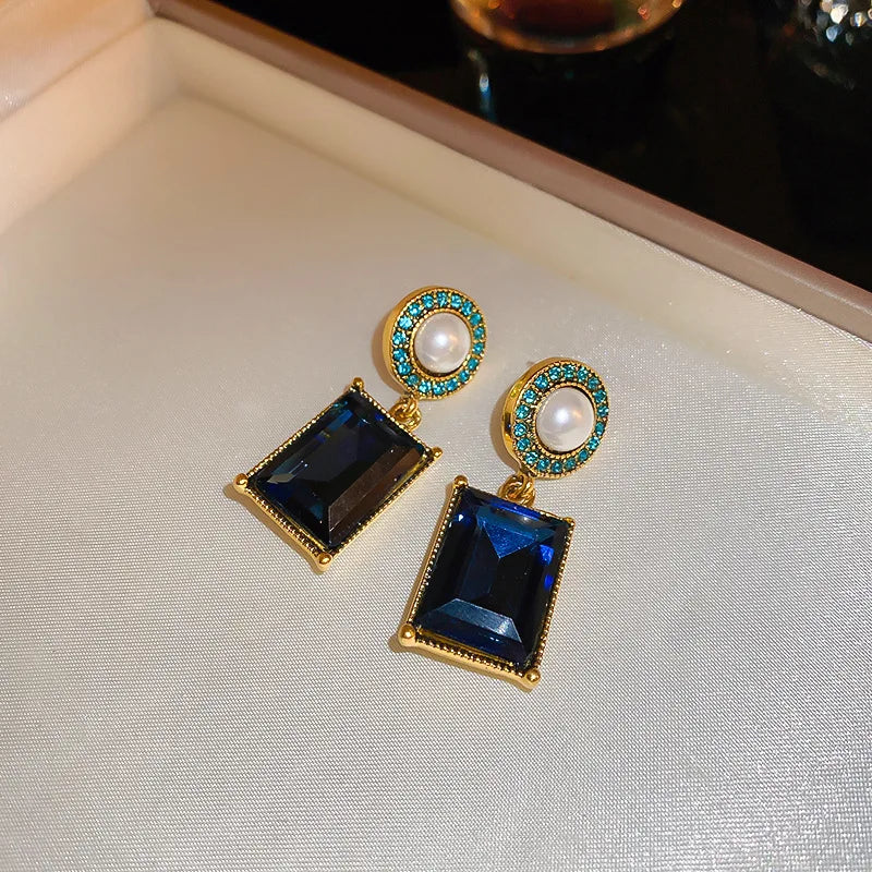 Ladies Blue Green Square Crystals Bead Dangling Drop Earrings