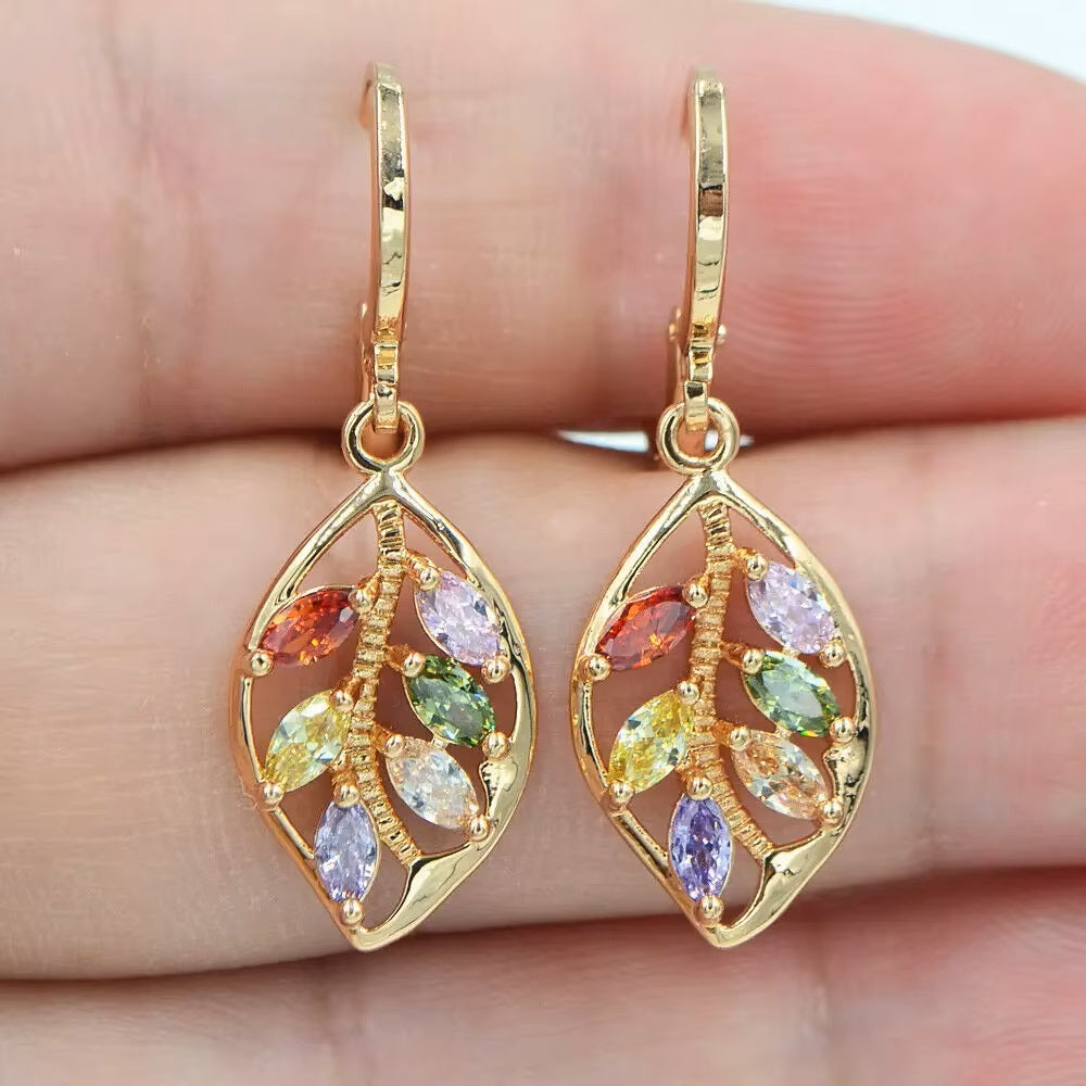Ladies Golden Leaf Inlaid Colored Crystals Dangling Earrings