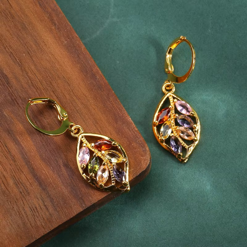 Ladies Golden Leaf Inlaid Colored Crystals Dangling Earrings