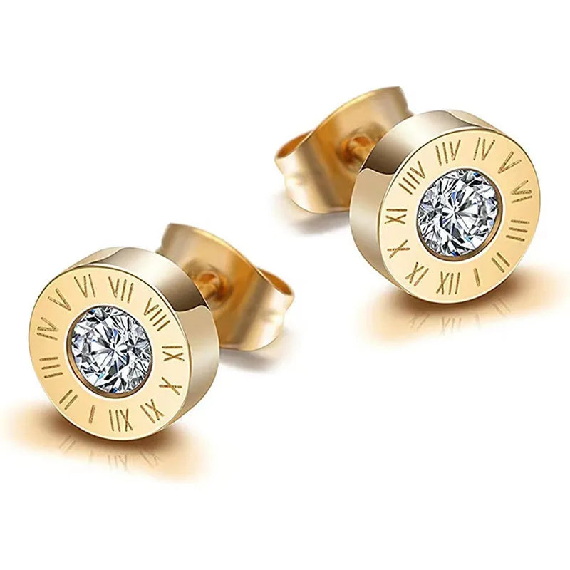 Unisex Gold Round Crystal Centre Anti Allergy Stainless Steel Numeral Earrings