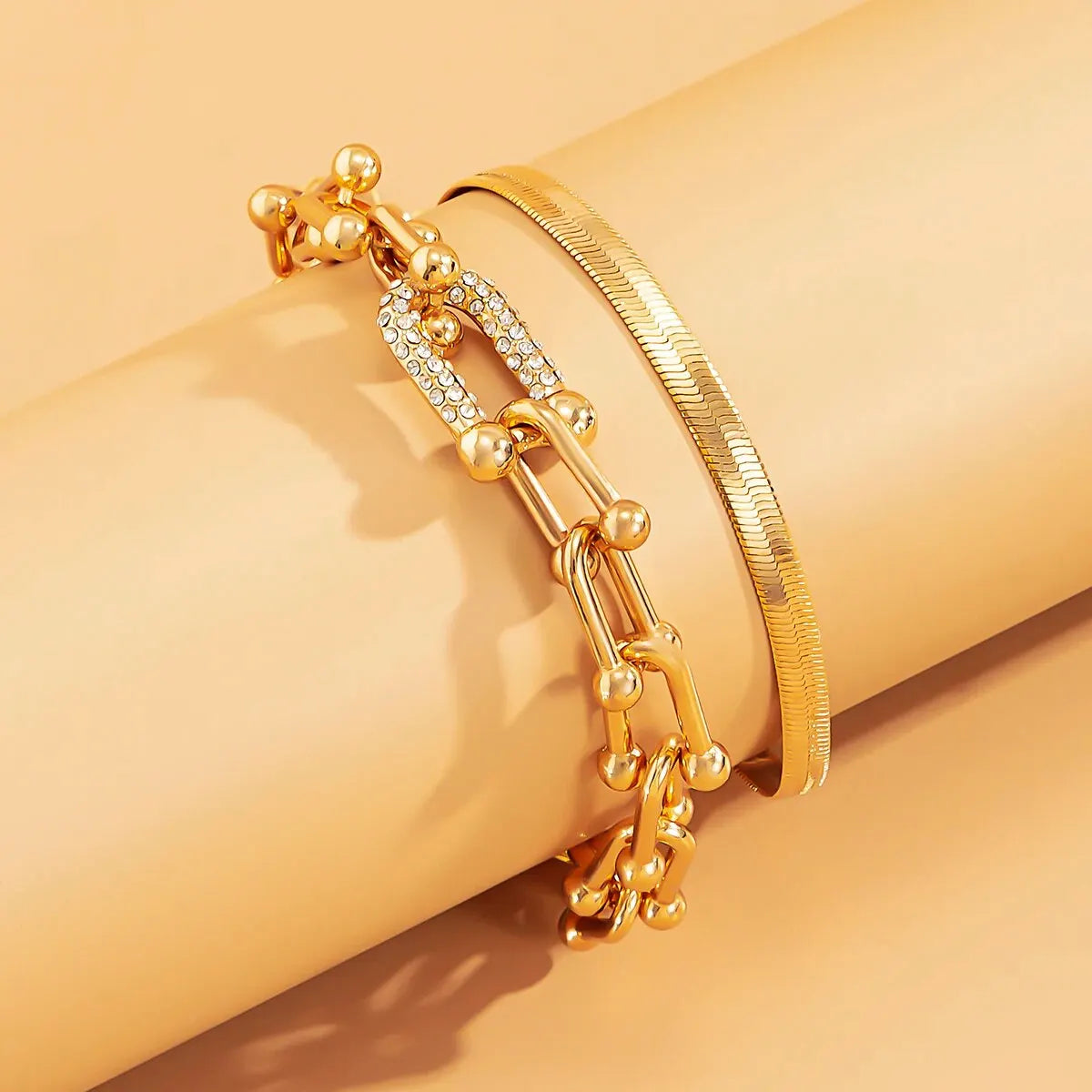 Ladies GoldCopper Chain Interlock Link Crsytal 2Pc Bracelets