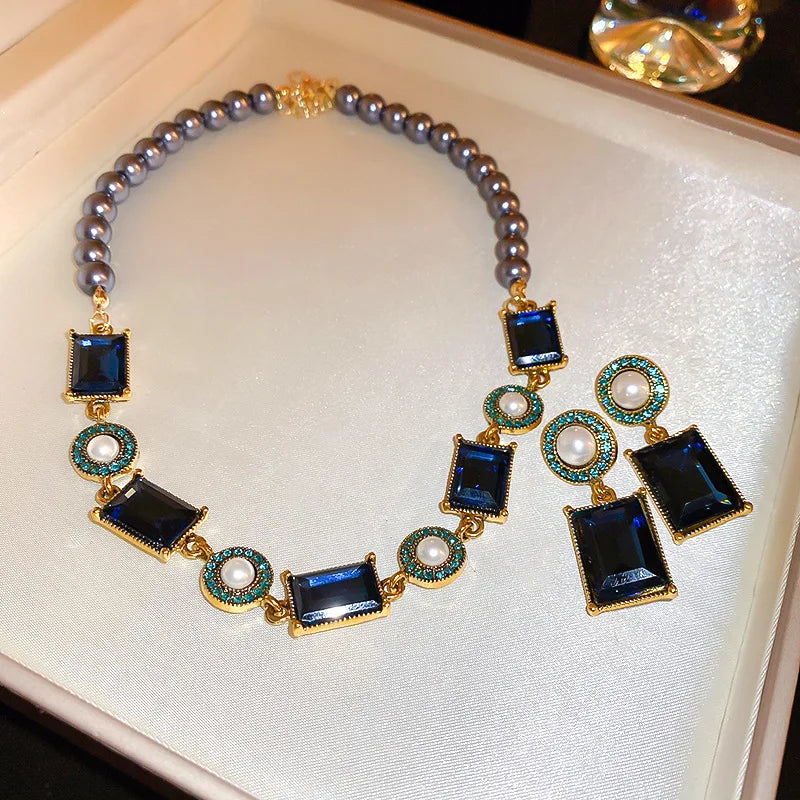 Ladies Blue Green Square Crystals Bead Chain Necklace Earrings 3 Pce Set Choker