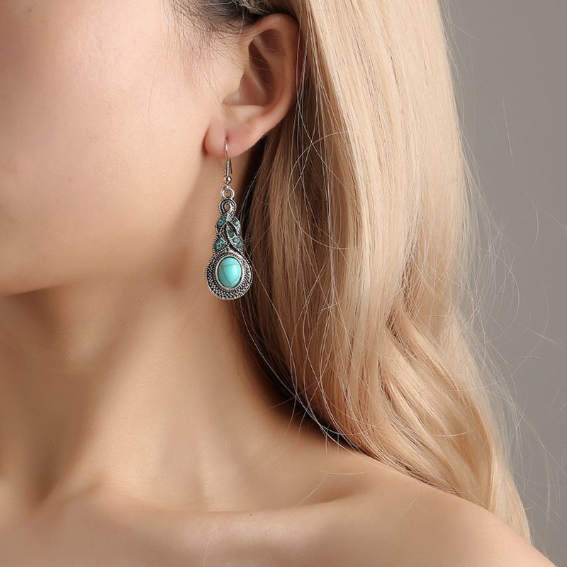 Ladies Ethnic Tibetan Silver Turquoise Crystal Dangling Earrings
