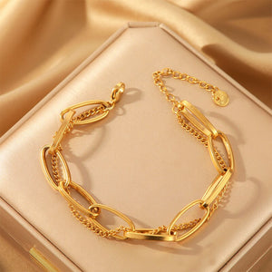 Ladies Gold Double Thick Stainless Steel Ring Link & Thin Chain Bracelets