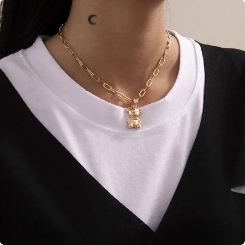 Gold Plated Cute Bear Pendant Clavicle Link Chain Necklace