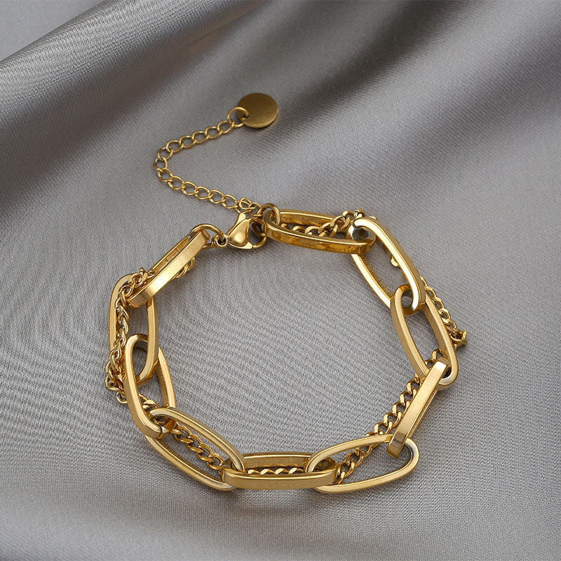 Ladies Gold Double Thick Stainless Steel Ring Link & Thin Chain Bracelets