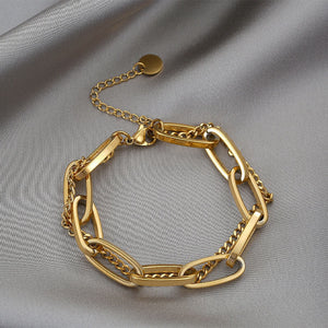 Ladies Gold Double Thick Stainless Steel Ring Link & Thin Chain Bracelets