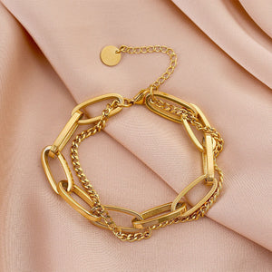 Ladies Gold Double Thick Stainless Steel Ring Link & Thin Chain Bracelets