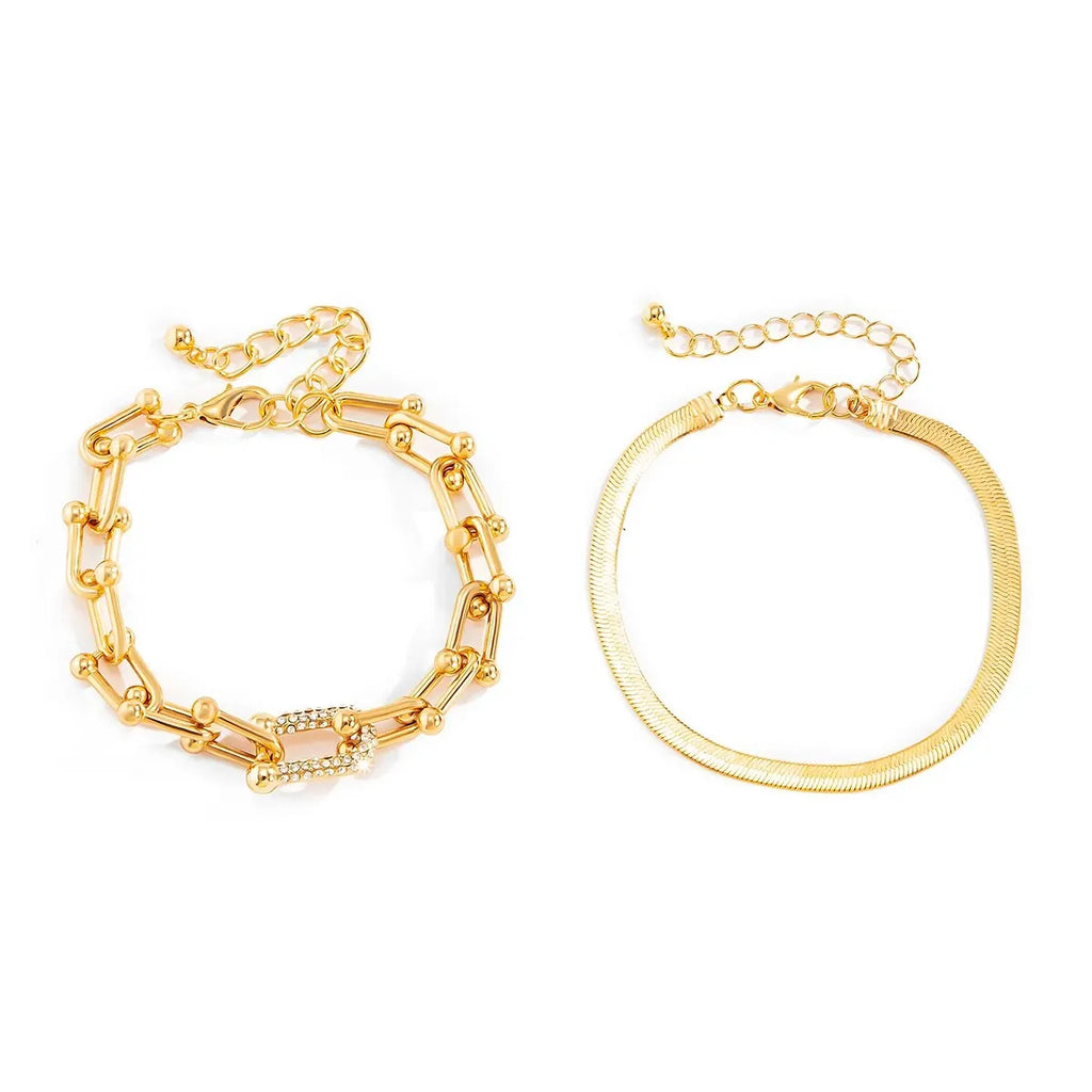 Ladies GoldCopper Chain Interlock Link Crsytal 2Pc Bracelets