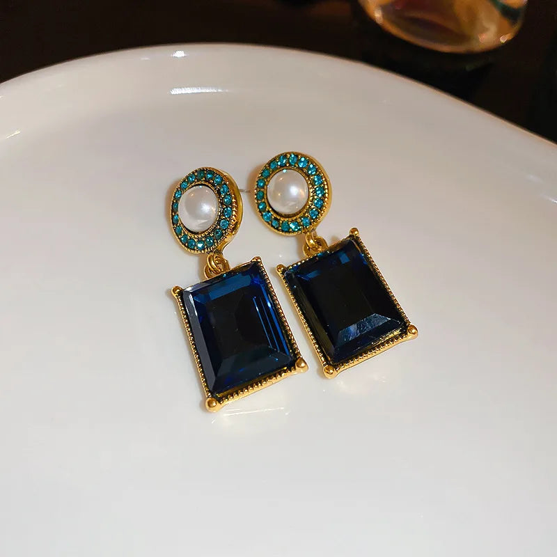 Ladies Blue Green Square Crystals Bead Dangling Drop Earrings