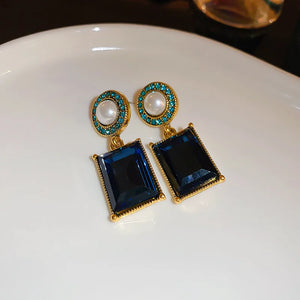Ladies Blue Green Square Crystals Bead Dangling Drop Earrings