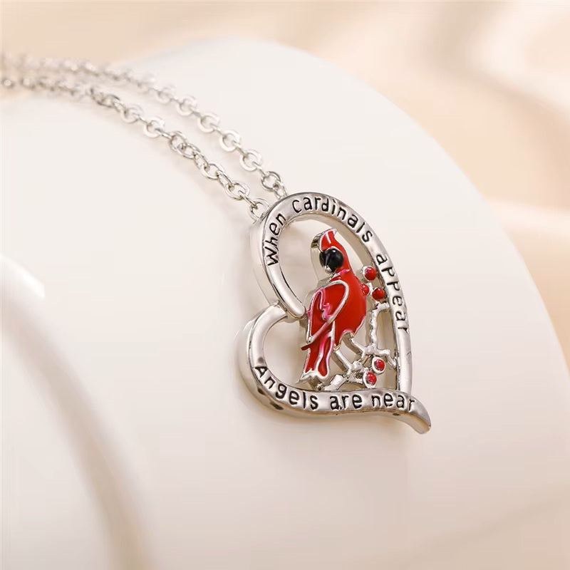Silver necklaces with Cardinal Red Bird Heart Pendant
