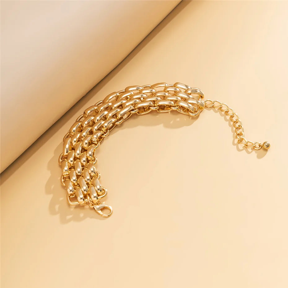 Ladies Gold Chunky Thick Oval Interlink Weave Chain Bracelets