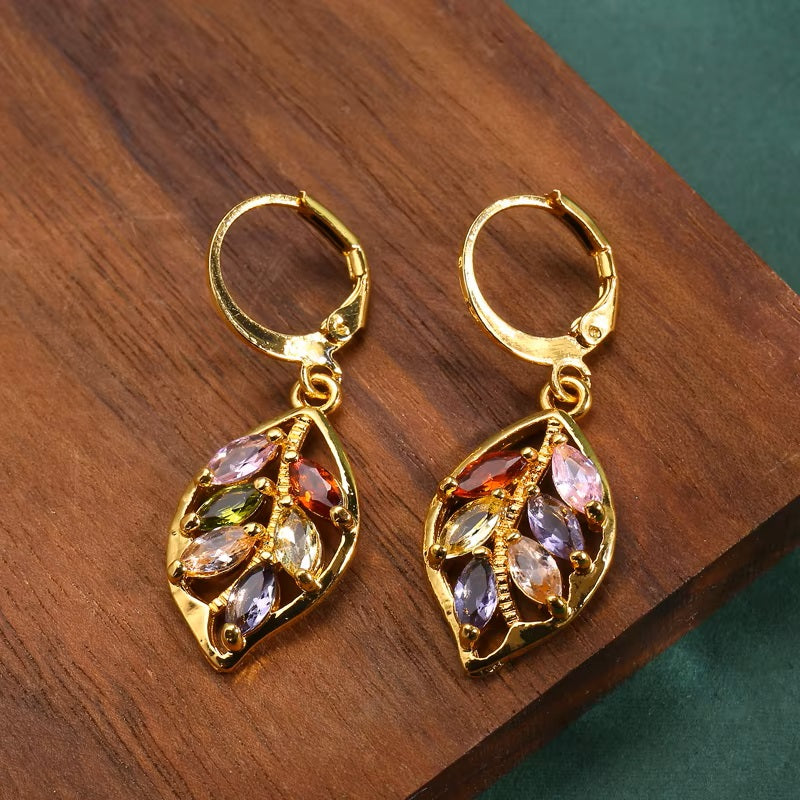 Ladies Golden Leaf Inlaid Colored Crystals Dangling Earrings