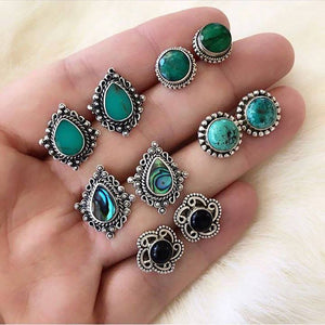 Ladies 5 Pairs Elegant Retro Turquoise Gemstone Stud Earrings