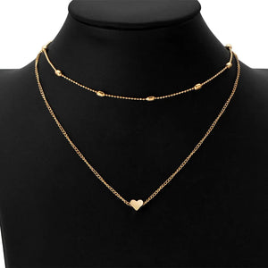 Ladies Gold Silver Round Bead Chain Heart Pendant Double Layer Necklaces