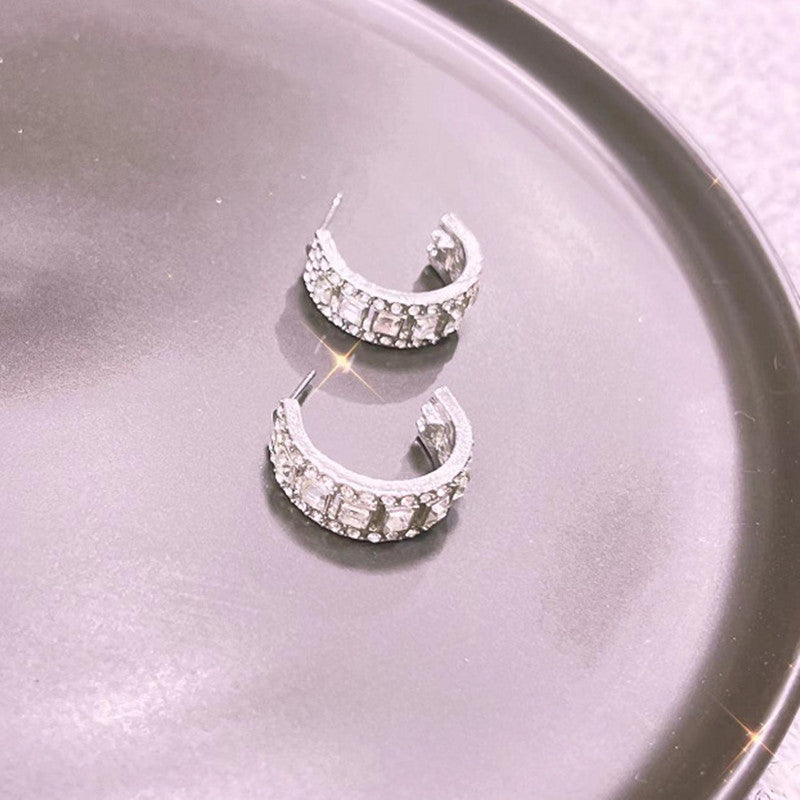 Ladies Rhinestone C-Shaped Creole Dazzling Party Earrings