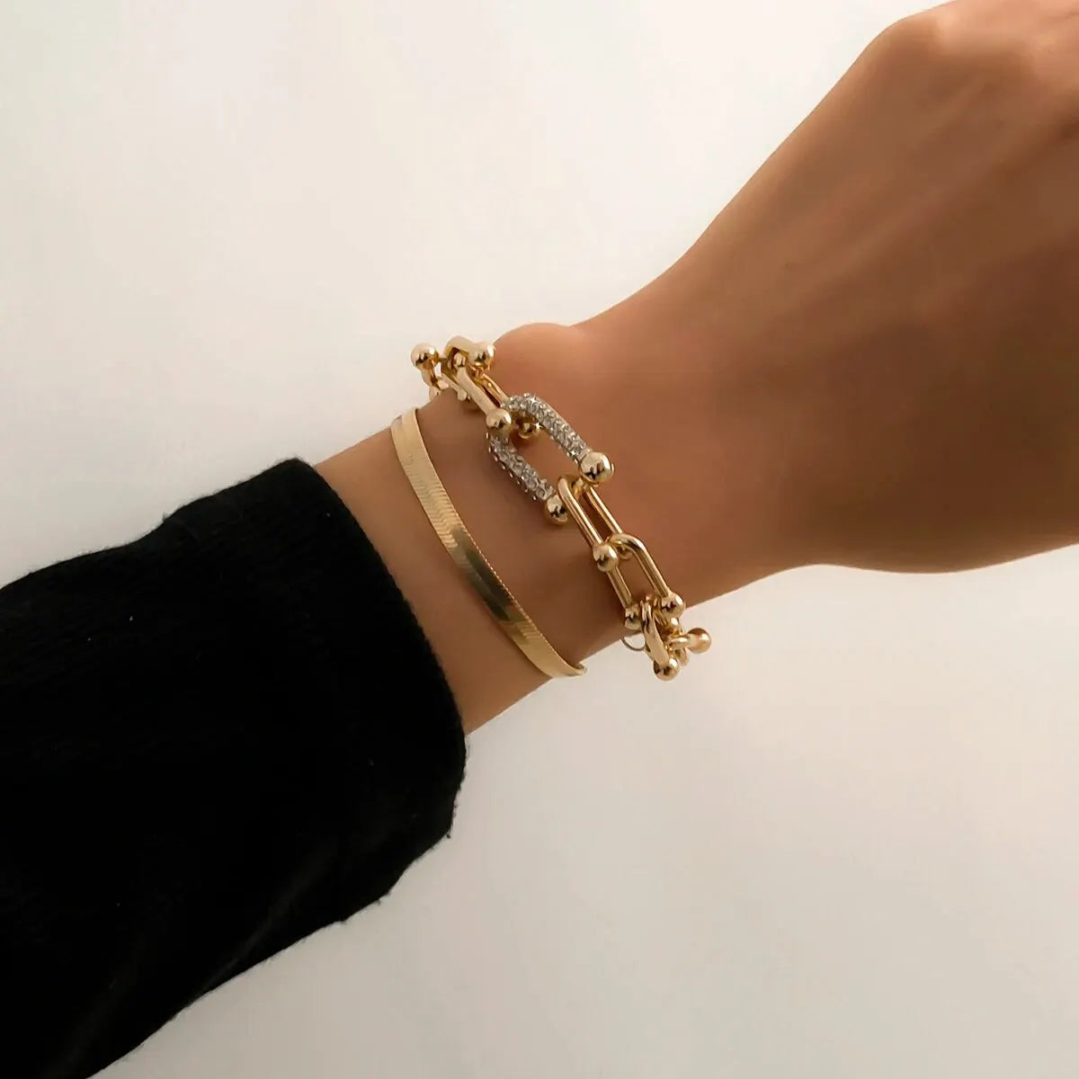 Ladies GoldCopper Chain Interlock Link Crsytal 2Pc Bracelets