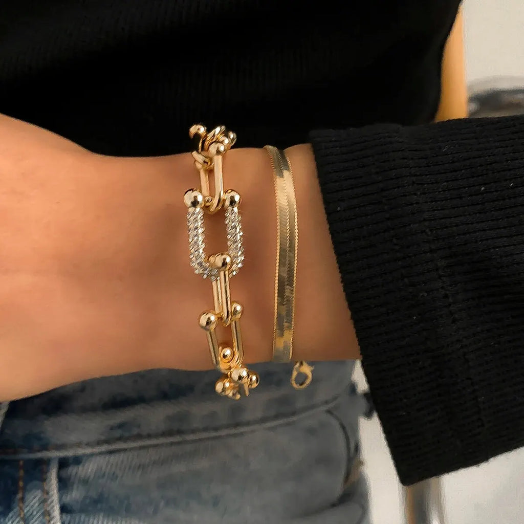 Ladies GoldCopper Chain Interlock Link Crsytal 2Pc Bracelets