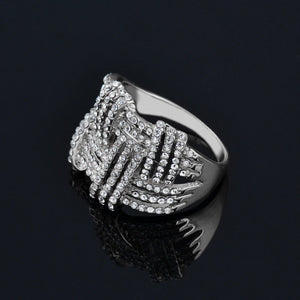 Ladies Silver Big In Out Weave Shape Wide Layer Micro Pave Crystal Rings