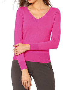 Ladies Raspberry Ribbed V-Neck Soft Knit Long Sleeve Jumper