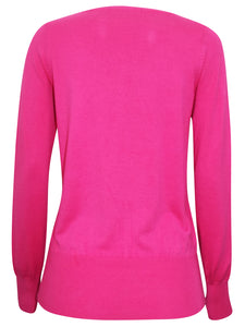 Ladies Raspberry Ribbed V-Neck Soft Knit Long Sleeve Jumper