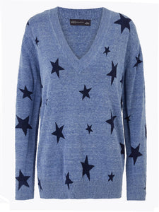 Ladies Blue Pure Cotton Knit Star Print V-Neck Long Sleeve Womens Jumper