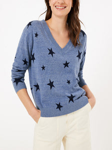 Ladies Blue Pure Cotton Knit Star Print V-Neck Long Sleeve Womens Jumper
