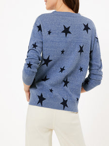 Ladies Blue Pure Cotton Knit Star Print V-Neck Long Sleeve Womens Jumper